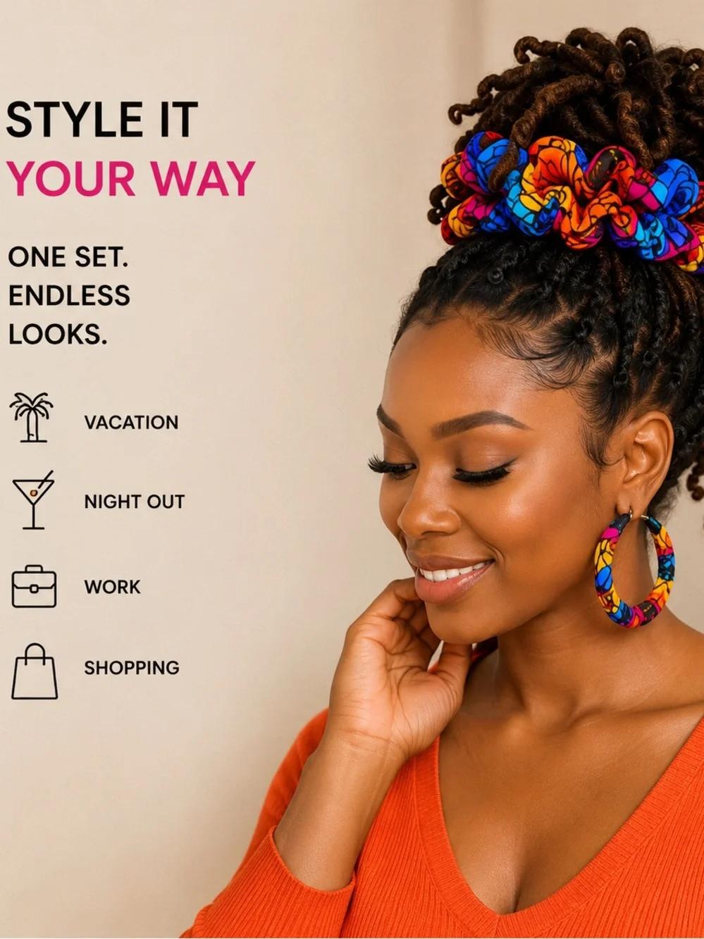 Handmade African Ankara Print Scrunchie & Hoop Earring Set | Blue Big Flower